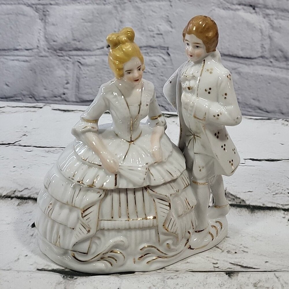 Antique Porcelain Trinket Box Colonial Victorian Couple Lidded Handpainted Japan